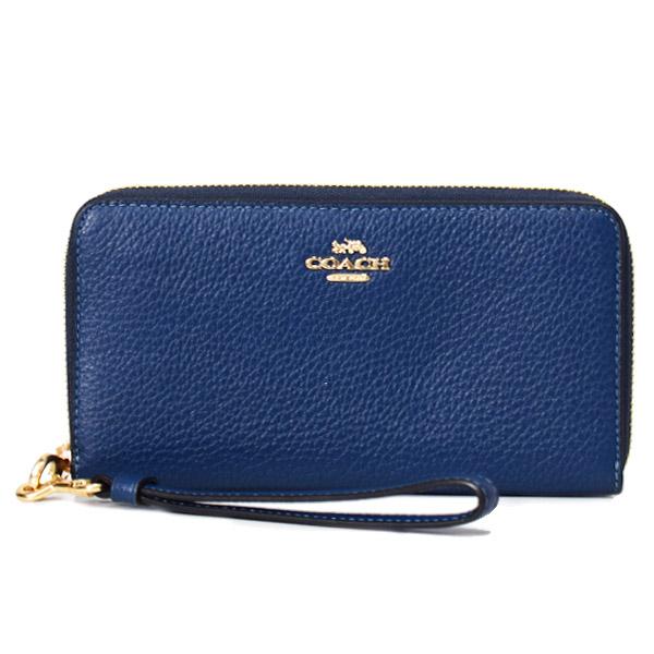 コーチ 長財布 COACH ぺブルドレザー ロゴ リストレット ロング ジップ アラウンド 長財布 ディープブルー C4451