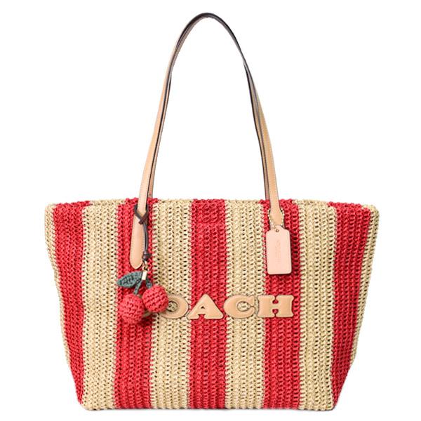 コーチ バッグ COACH かごバッグ ストロー レザー ストライプ シティ トート さくらんぼ チャーム付き ロゴ トートバッグ レッド×タン CER30