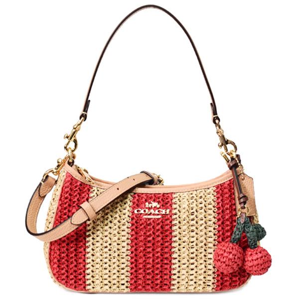コーチ バッグ COACH かごバッグ ストロー レザー ストライプ テリ チャーム付き ロゴ 2way クロスボディ 斜め掛け ショルダー ハンドバッグ レッド×タン CER34 32,370円