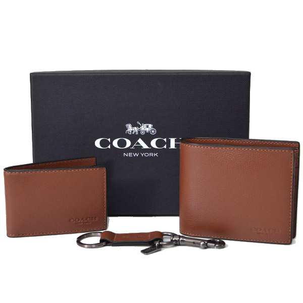 コーチ 財布 COACH メンズ レザー コンパクト財布+定期入れ+キーホルダー 3点セット ダークサドル 64118