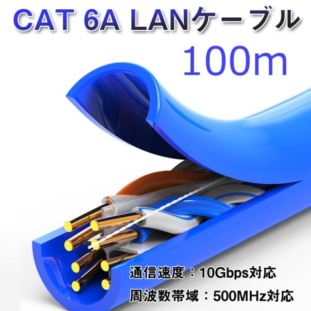CAT 6A LANケーブル100m 100メートル 10ギガビット 10Gbps 500MHz 光回線対応 超高速通信 ルーター パソコン プリンター 防犯カメラネットワーク工事 業務用 プロ