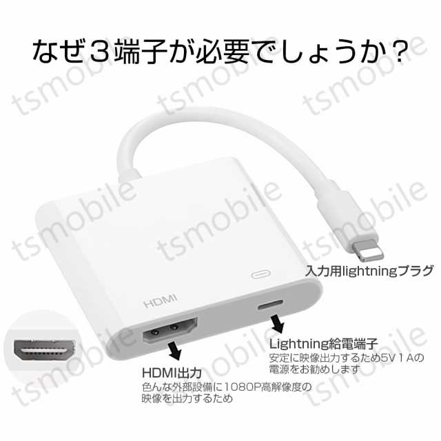 lightning HDMI変換ケーブル1080P HD画質iPhone Lightning Digital AV ...