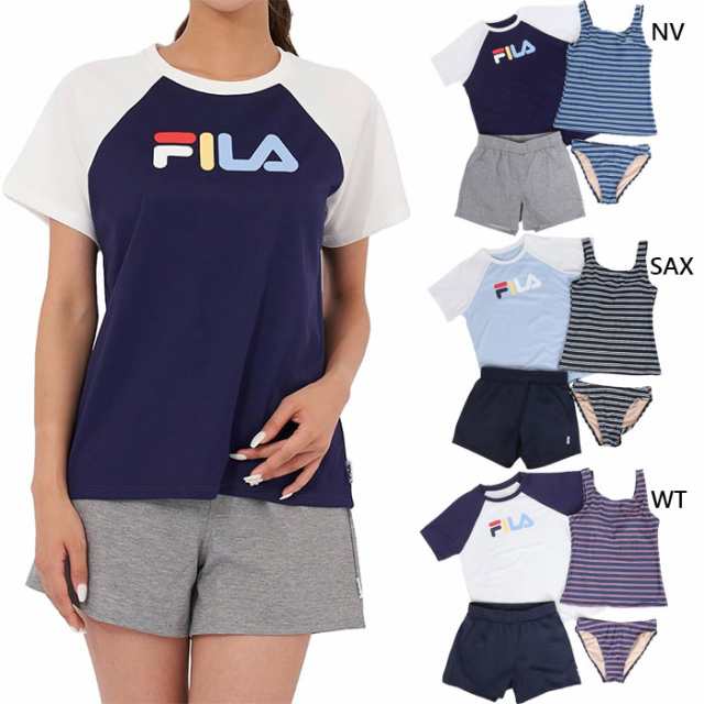 水着4点セット フィラ レディース ロゴ入りTシャツ カジュアル水着 半袖Tシャツ タンキニ ショートパンツ プール 海水浴 ホワイト 白 ネイビー ブルー 青 送料無料 FILA 324602の通販は