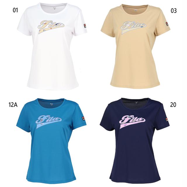 フィラ レディース ファザープリントロゴアップリケ バックホールメッシュ Tシャツ テニス バドミントンウェア トップス 半袖 ホワイト 白 ネイビー ブルー 青 ベージュ 送料無料 FILA VL2926の通販は