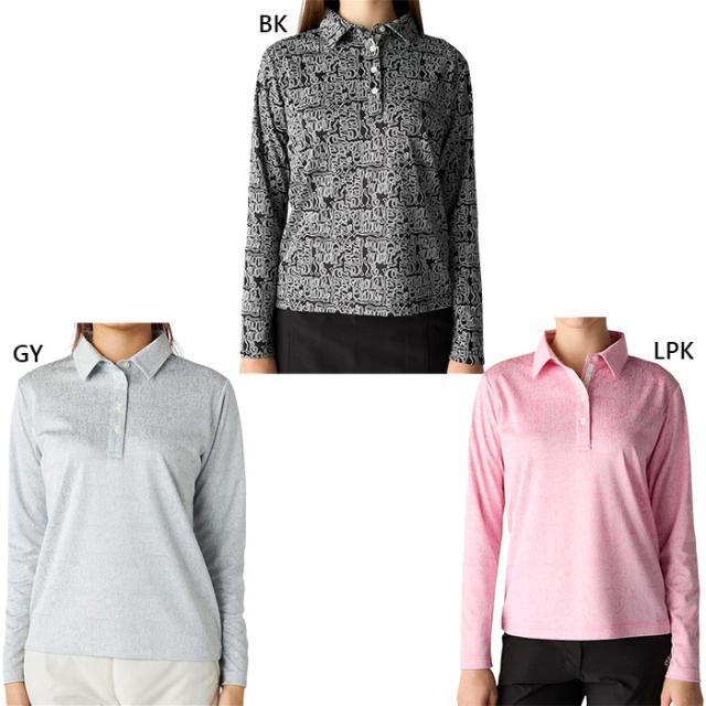 マリクレール レディース ジャガードリボン柄長袖シャツ ゴルフウェア トップス ブラック 黒 グレー ピンク 灰色 送料無料 marie claire 735552