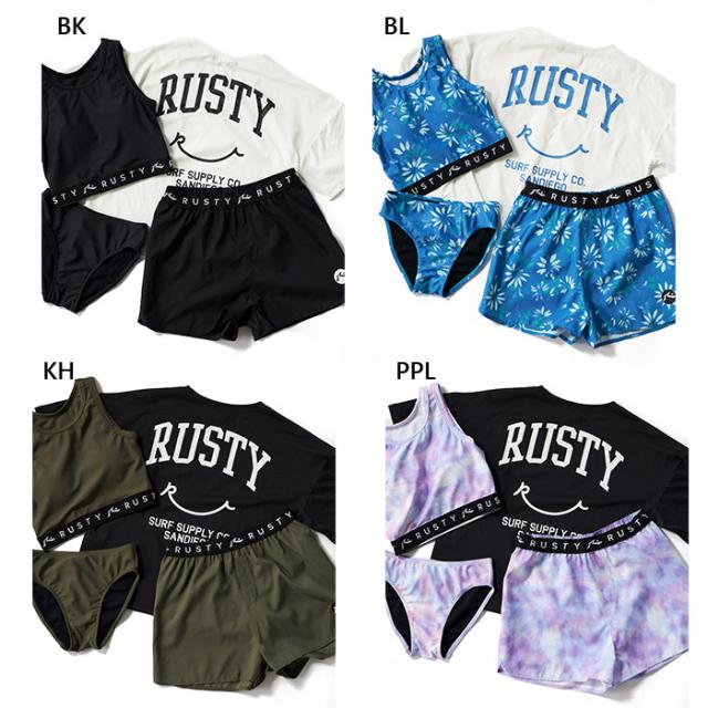 ラスティ ジュニア キッズ ガールズ 裾ドロストニコちゃんラッシュTシャツ付き 4点セット スイムウエア スイミング 水泳 ガールズ水着 プール 海 ブラック 黒 ブルー 青 送料無料 RUSTY 966801