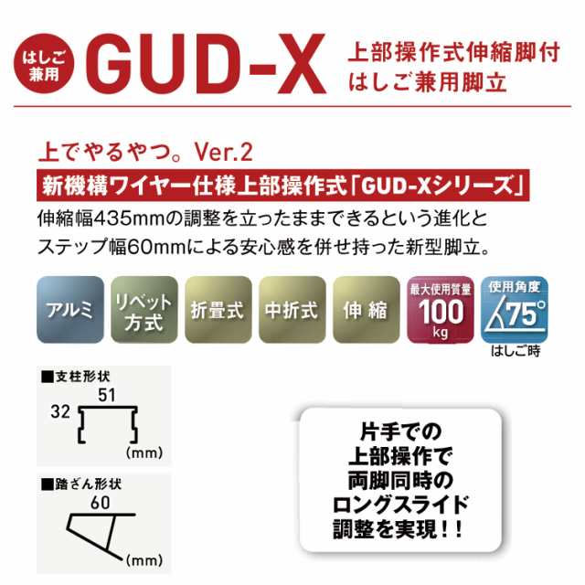 アルインコ 上部操作式伸縮脚付はしご兼用脚立 3段 GUD-120Xの通販はau