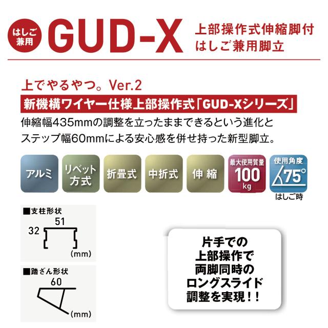 アルインコ 上部操作式伸縮脚付はしご兼用脚立 5段 GUD-180X_2