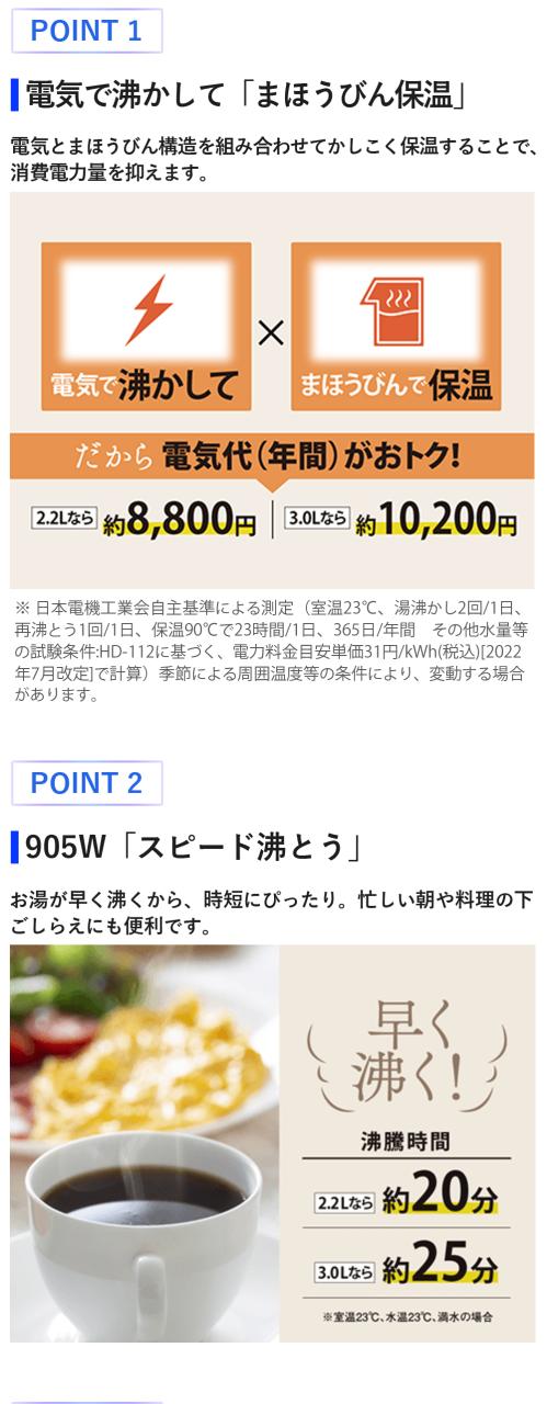 象印（ZOJIRUSHI）　CV-TE22-WA（ホワイト）　2.2L（2.2リットル） VE電気まほうびん（電気魔法瓶）　優湯生　CV-TF22-WAの前機種_2