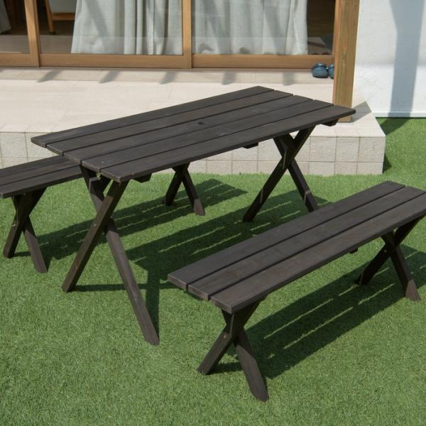 木製ガーデンテーブルセット ダークブラウン パラソル用穴付き テーブル ベンチ チェア 椅子 ウッドテラス 庭 ガーデン ガーデニングの通販は