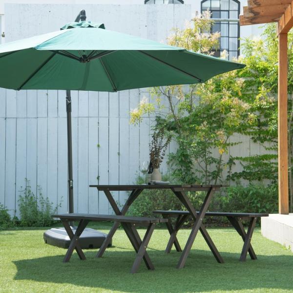 木製ガーデンテーブルセット ダークブラウン パラソル用穴付き テーブル ベンチ チェア 椅子 ウッドテラス 庭 ガーデン ガーデニングの通販は