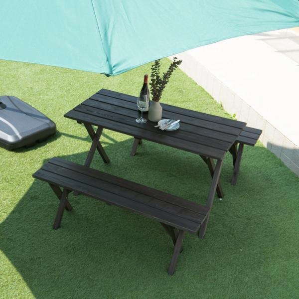 木製ガーデンテーブルセット ダークブラウン パラソル用穴付き テーブル ベンチ チェア 椅子 ウッドテラス 庭 ガーデン ガーデニングの通販は