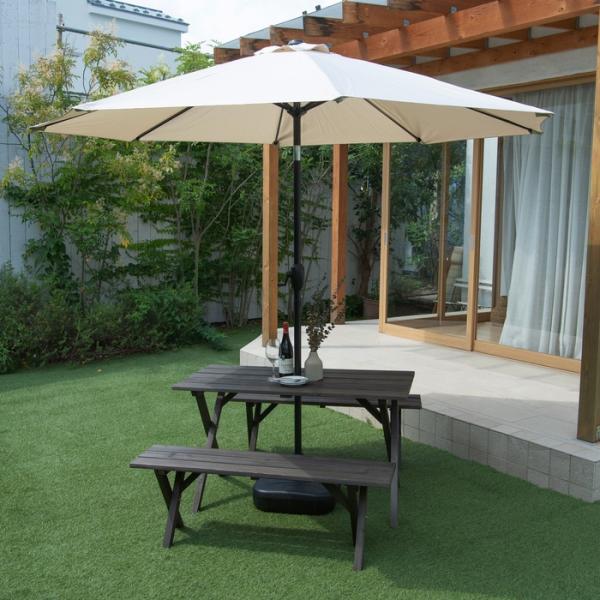 木製ガーデンテーブルセット ダークブラウン パラソル用穴付き テーブル ベンチ チェア 椅子 ウッドテラス 庭 ガーデン ガーデニングの通販は