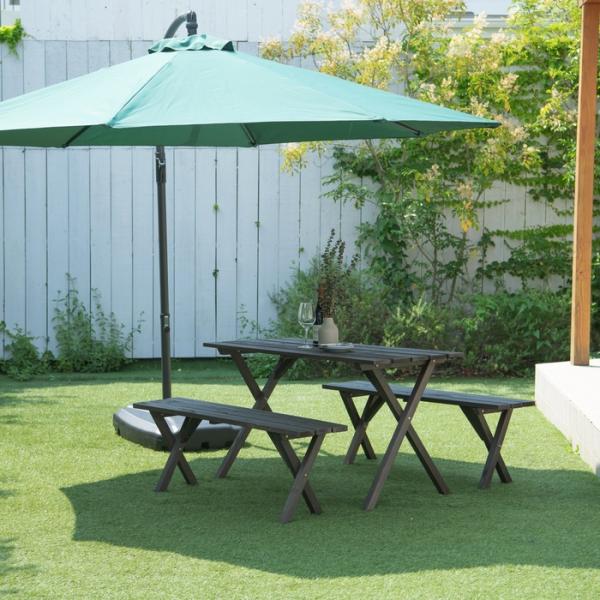 木製ガーデンテーブルセット ダークブラウン パラソル用穴付き テーブル ベンチ チェア 椅子 ウッドテラス 庭 ガーデン ガーデニングの通販は