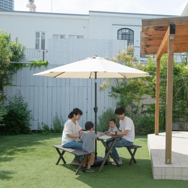 木製ガーデンテーブルセット ダークブラウン パラソル用穴付き テーブル ベンチ チェア 椅子 ウッドテラス 庭 ガーデン ガーデニングの通販は