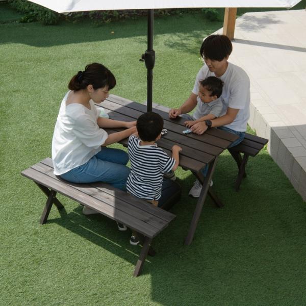 木製ガーデンテーブルセット ダークブラウン パラソル用穴付き テーブル ベンチ チェア 椅子 ウッドテラス 庭 ガーデン ガーデニングの通販は