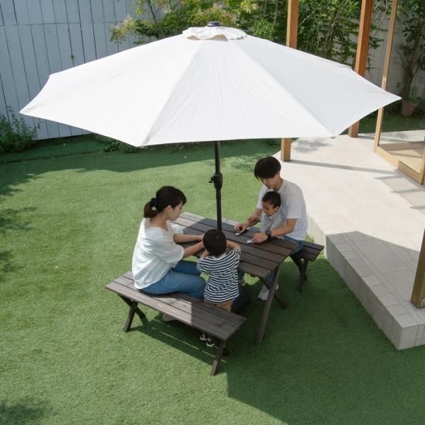 木製ガーデンテーブルセット ダークブラウン パラソル用穴付き テーブル ベンチ チェア 椅子 ウッドテラス 庭 ガーデン ガーデニングの通販は