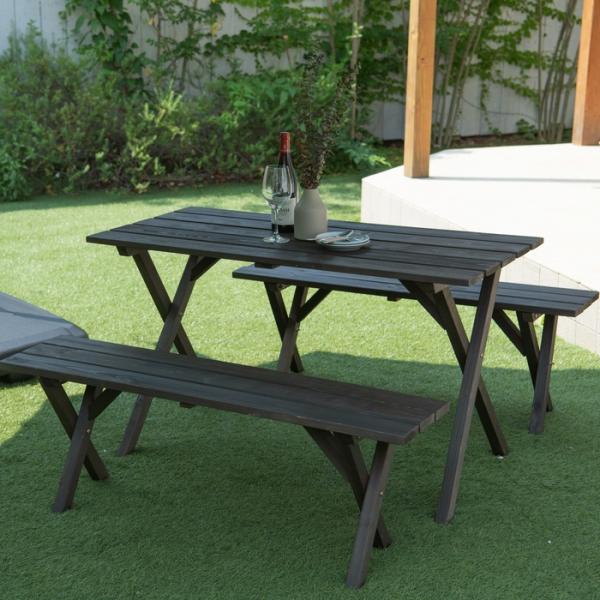 木製ガーデンテーブルセット ダークブラウン パラソル用穴付き テーブル ベンチ チェア 椅子 ウッドテラス 庭 ガーデン ガーデニングの通販は