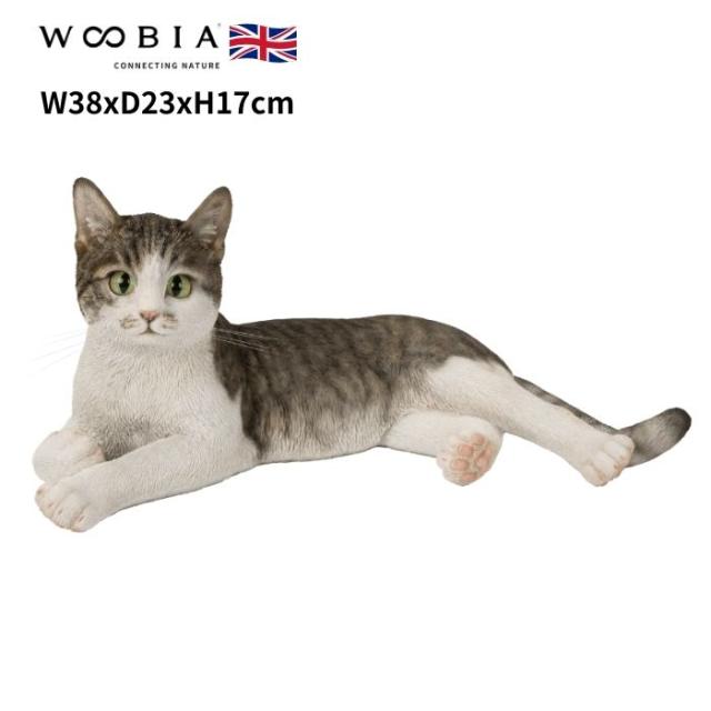 置物 左向きに横たわるサバトラ白猫 ネコ 横幅38cm woobia ウービア 大きい かわいい おしゃれ ガーデン インテリア オブジェ 巨大 可愛い プレゼント 北欧 玄関 雑貨 動物 モダン 面白い 庭 ギフト 屋外 家 リアル 玄関先 ガーデンオーナメント