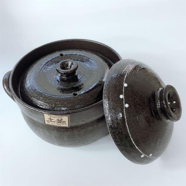 萬古焼 二重蓋使用の3合炊きご飯釜 黒釉メタル』ガス・IH対応 三陶 黒