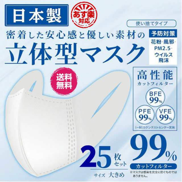 日本製 マスク 立体型マスク 超立体タイプ ２５枚入り 大きめサイズ 使い捨て 全方位フィット構造 花粉 ウイルス 飛沫 99 除去 Pm2 5 の通販はau Pay マーケット コスメウォー