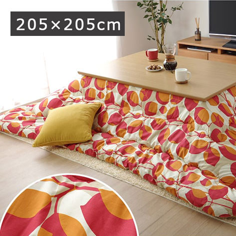 こたつ布団 正方形 国産 リーフ柄 掛け単品 レッド 約205×205cm 6柄シリーズ【送料無料】※同梱不可