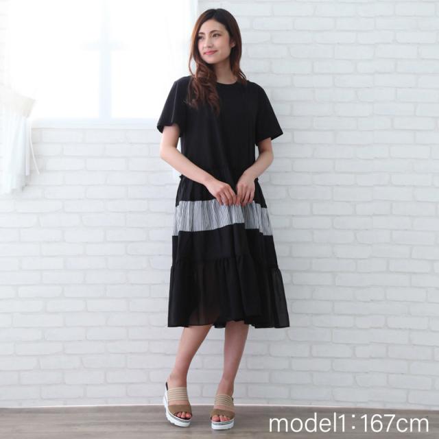 ワンピース 半袖 フリル Aラインワンピース ひざ丈 ミディ丈 レディース 韓国ファッション 韓国製 韓国服 切り返し ストライプ フレア チの通販はau Pay マーケット 高上屋