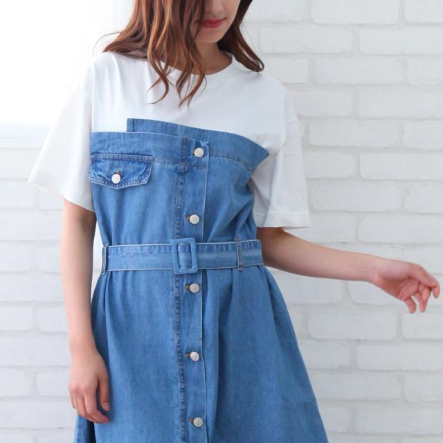 ワンピース 半袖 ドッキングデニムワンピース ミモレ丈 ロング 韓国ファッション 韓国製 韓国服 レディース かわいい ベルト ホワイト ブの通販はau Pay マーケット おしゃれ屋