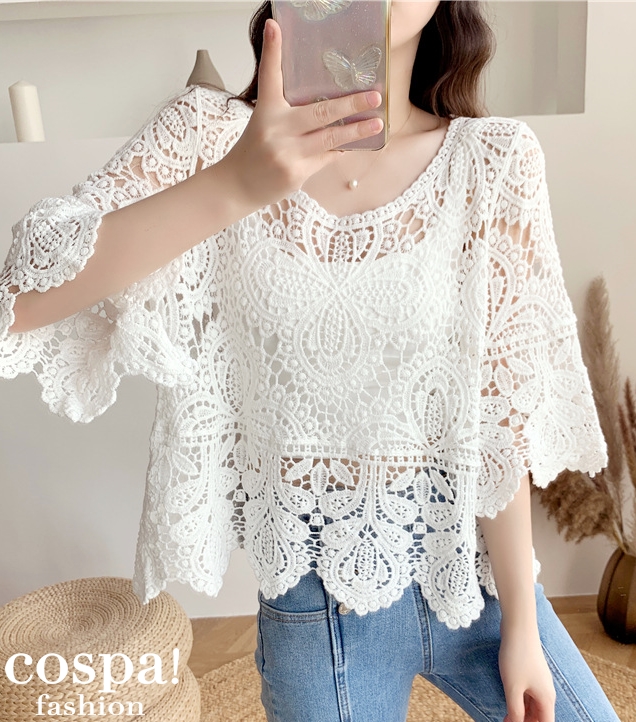 ブラウス レディース レース プルオーバー トップス ニット スカラップ 手編み風 韓国 おしゃれ ７分袖の通販はau Pay マーケット チロルペットストア