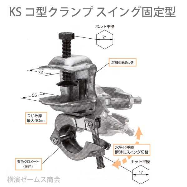 ＫＳコ型クランプ−スイング固定型　２０個セット　鉄骨Ｈ鋼（フランジ）と単管パイプをジョイント。仮設工業会認定品。「水平と垂直」。｜au PAY  マーケット