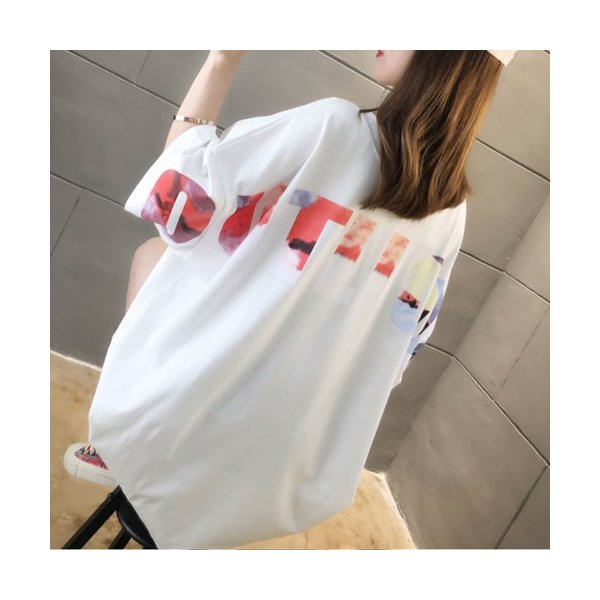 白 / フリーサイズ レディース トップス オーバーサイズ Tシャツ ロゴｔ バックプリント ロング丈tシャツ バッグロゴ 半袖 Vネック｜au  PAY マーケット