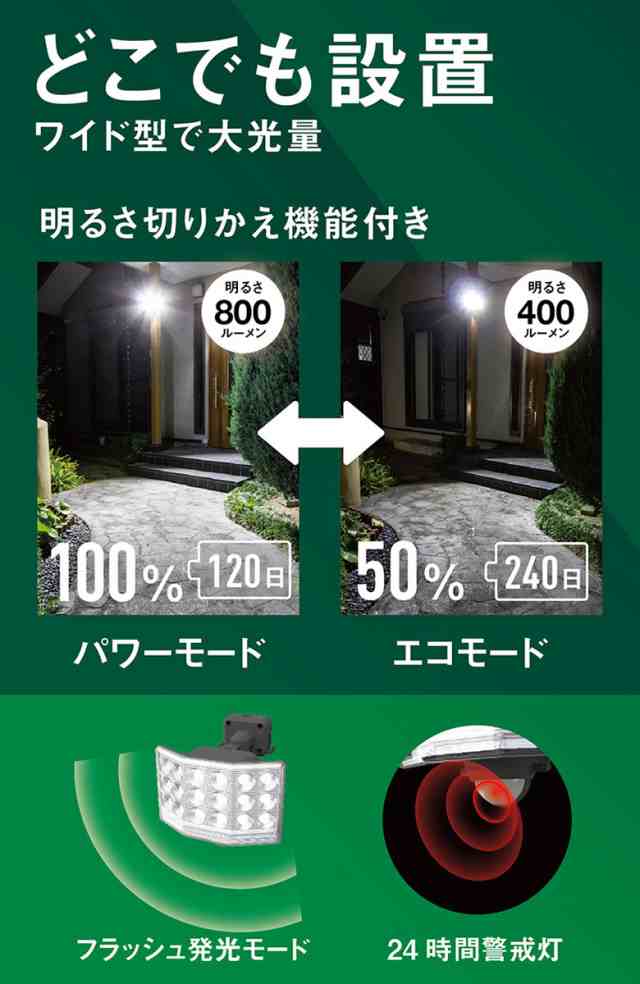 人感センサーライト 屋外 防犯ライト ムサシ RITEX 9Wワイド フリーアーム式 LED乾電池センサーライト（LED-170） 乾電池式 玄関  ガレージ 照明 防犯グッズ LEDライト 明るさ調整