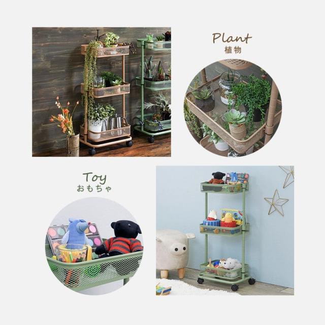 No225 こゆき商品　 簡単移動、植物棚 ブラウン　3段 ラック 棚 キャスター 奥行25 スチール 木製 収納 ワゴン 移動