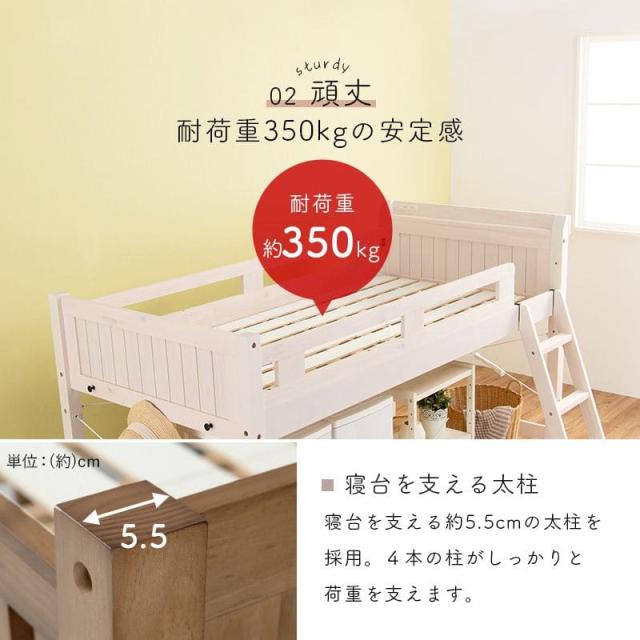 ロフトベッド ベッド 木製 シングル ミドル 収納 ロータイプ 子供 大人 はしご 柵 宮棚 天然木 パイン 低め 子供部屋 おしゃれ 宮 フレーム 低い コンセント_5