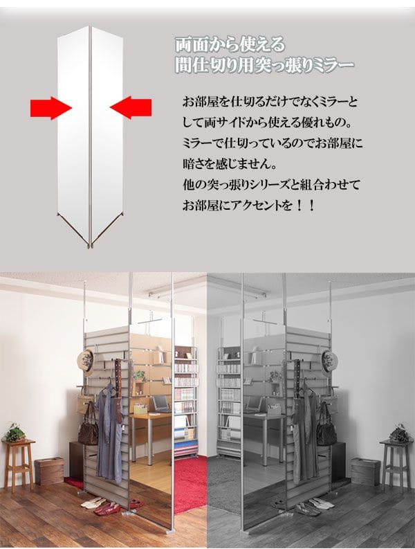 パーテーション 鏡 ミラー 突っ張り 姿見 全身 ラック リビング 40 薄型 コンパクト 日本製 つっぱり アイアン 天井 枠なし おしゃれ 垂直 ノンフレーム 突っ張りミラー 両面 幅40cm スタンドミラー パーテーション 鏡 姿見