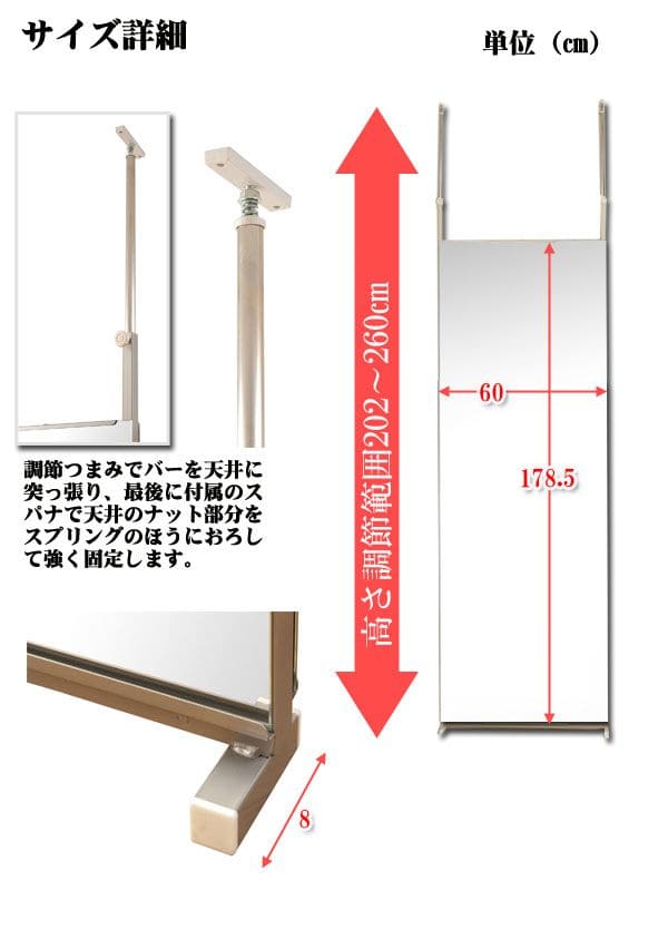 パーテーション 鏡 ミラー 突っ張り 姿見 全身 ラック リビング 60 薄型 コンパクト 日本製 つっぱり アイアン 天井 枠なし おしゃれ 垂直 ノンフレーム_3