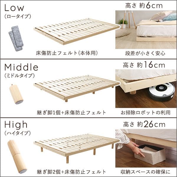 ベッド セミダブル すのこ パイン材 高さ調節 収納 下 木製 すのこベッド ベッドフレーム 軽い 一人暮らし ロータイプ セミダブルベッド おしゃれ コンパクト_7
