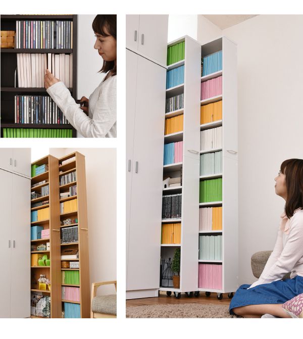 本棚 大容量 薄型 スライド スリム 省スペース 隙間 収納 キャスター 1cm ピッチ ハイタイプ 北欧 可動棚 移動 調節可能 縦長 高さ200cm 木製 おしゃれの通販は