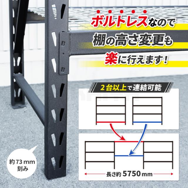 スチールラック 4段 ボルトレス ブラック ワイド幅 業務用 収納棚 中量棚 メタルラック 耐久性あり 400kg 頑丈 高強度 幅196×奥行61.5×高さ183cm KIKAIYA_5