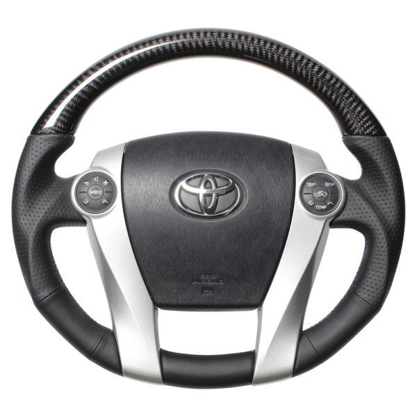 REAL レアル 30-BS-BKC ステアリング オーバルシェイプ ブラックカーボン ブルー×シルバー ユーロステッチ アクア (10系) 、プリウス (30系)、プリウスα (40系) 、メビウス (ZVW41N)、他