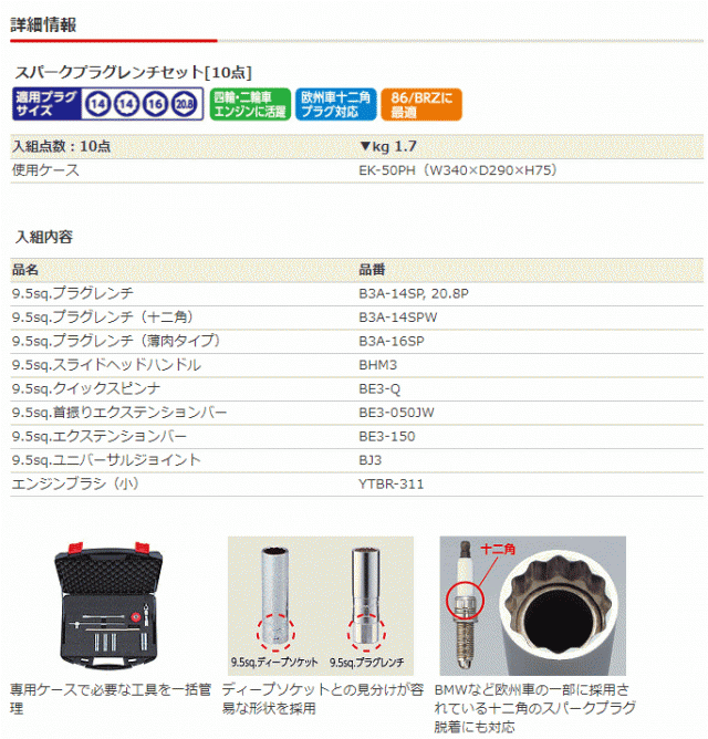 KTC ATB3P10 9.5sq. スパークプラグレンチセット 10点 トヨタ86・スバルBRZ等の水平対向エンジンのプラグ交換作業を大幅に短縮！の通販はau  PAY マーケット - Car Parts Shop MM