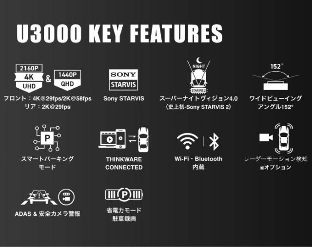 THINKWARE DASHCAM TH-DC-U300 ドライブレコーダー リアカメラ同梱 前後レーダー駐車監視 Wi-Fi対応 GPS内蔵 4K高画質 省電力録画 バッテリー節約 スタイリッシュ おしゃれ スマート シンクウェア ドラレコ_9