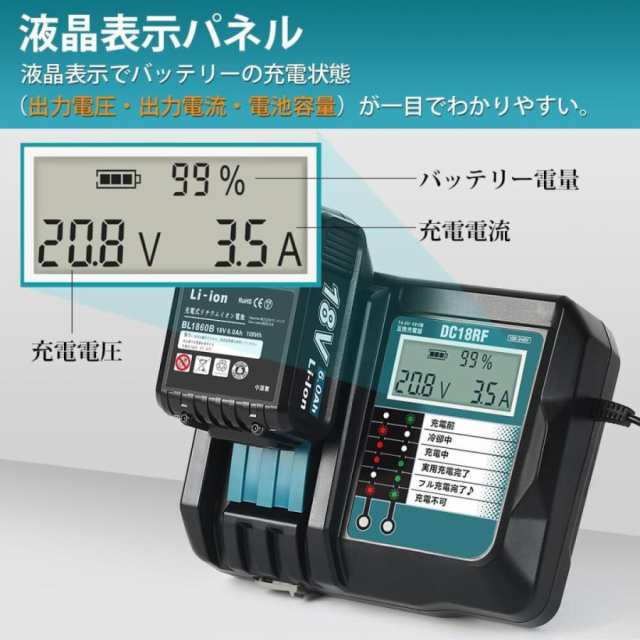 マキタ makita 互換 18V バッテリー 充電器セット DC18RF BL1860B ...