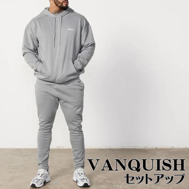 ヴァンキッシュ セットアップ VANQUISH ESSENTIAL STEEL GREY OVERSIZED プルオーバー パーカー スウェット パンツ 上下セット メンズ 筋トレ[衣類]ユ00572