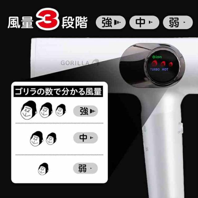 ドライヤー 大風量 ゴリラのひとふき DOSHISHA ドウシシャ 速乾 1200W マイナスイオン 軽い 軽量 コンパクト スリム 1年保証 時短 風量 最強 強い 温風 冷風 交互 温度調整 低温 高温 GRD-2501 ヘアドライヤー ヘアケア 美容家電 誕生日 クリスマス プレゼント ギフト_4
