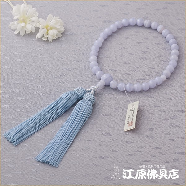 京念珠 女性 ブルーレースメノー8ミリ共仕立 正絹松風房(極上品)『桐箱入り』 念珠 数珠 女性_1