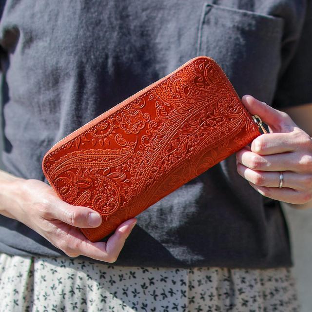 VINCENT CRAFTED WEB限定 日本製 栃木レザー 財布 ペイズリー ラウンドファスナー ロングウォレット LIO 長財布 大容量 本革 オレンジ