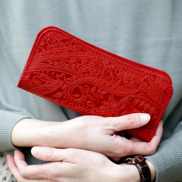 栃木レザー 長財布 メンズ レディース 日本製 本革 財布 ペイズリー 柄 VINCENT CRAFTED ロングウォレット NAZARIO 長財布 レッド