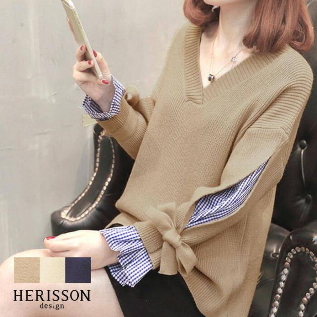 宅配便配送 重ね着風vネック ニット レディース ニット セーター Vネック 重ね着風 レイヤード 重ね着 シャツ ギンガムチェック ギンの通販はau Pay マーケット Herisson Design