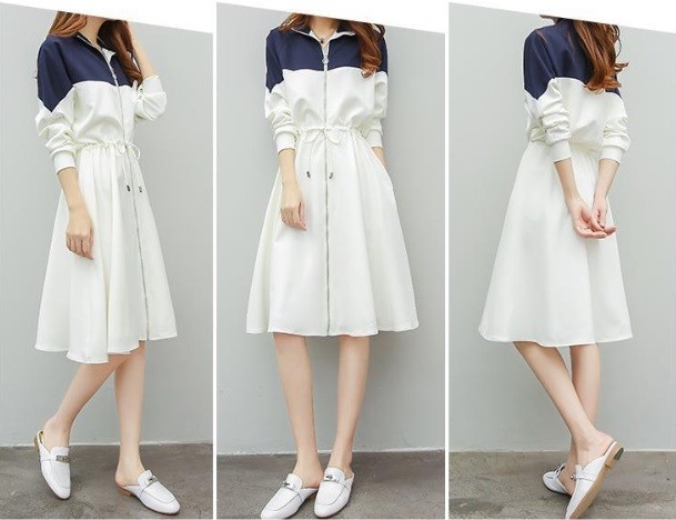 ワンピース レディース 長袖 きれいめ 夏 春服 カジュアルワンピース ミモレ丈ワンピース Aライン 体形カバー バイカラー スポーティ 白 の通販はau Pay マーケット Connu